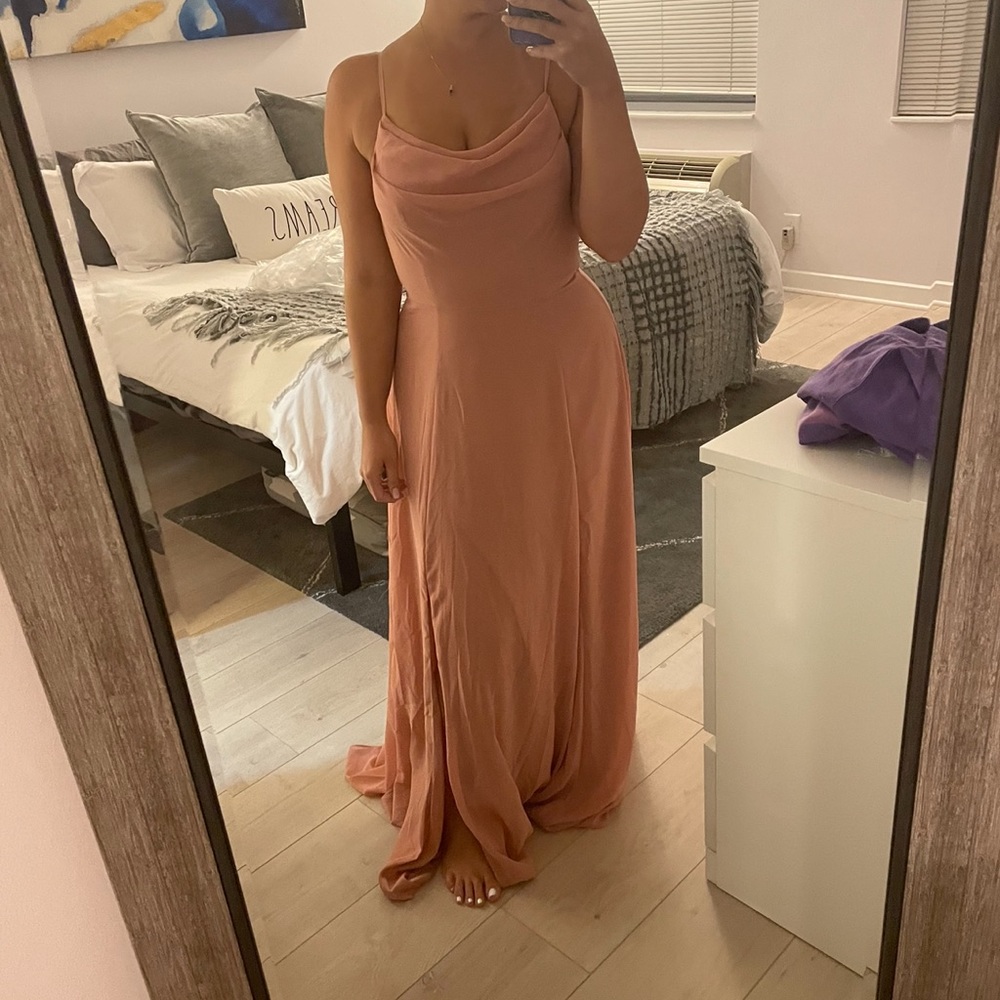 David’s Bridal long cowl neck desert coral